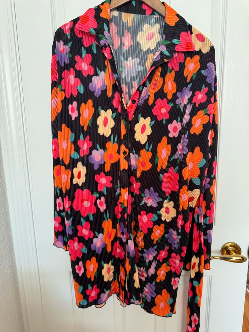 Black Floral Button-Up Blouse with Bright Multicolor Flowers